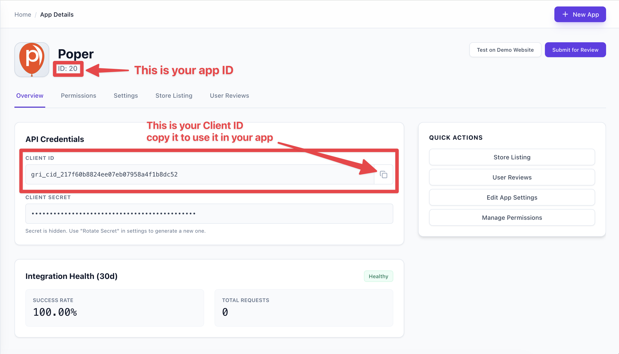 App dashboard — Overview, Settings, Store Listing