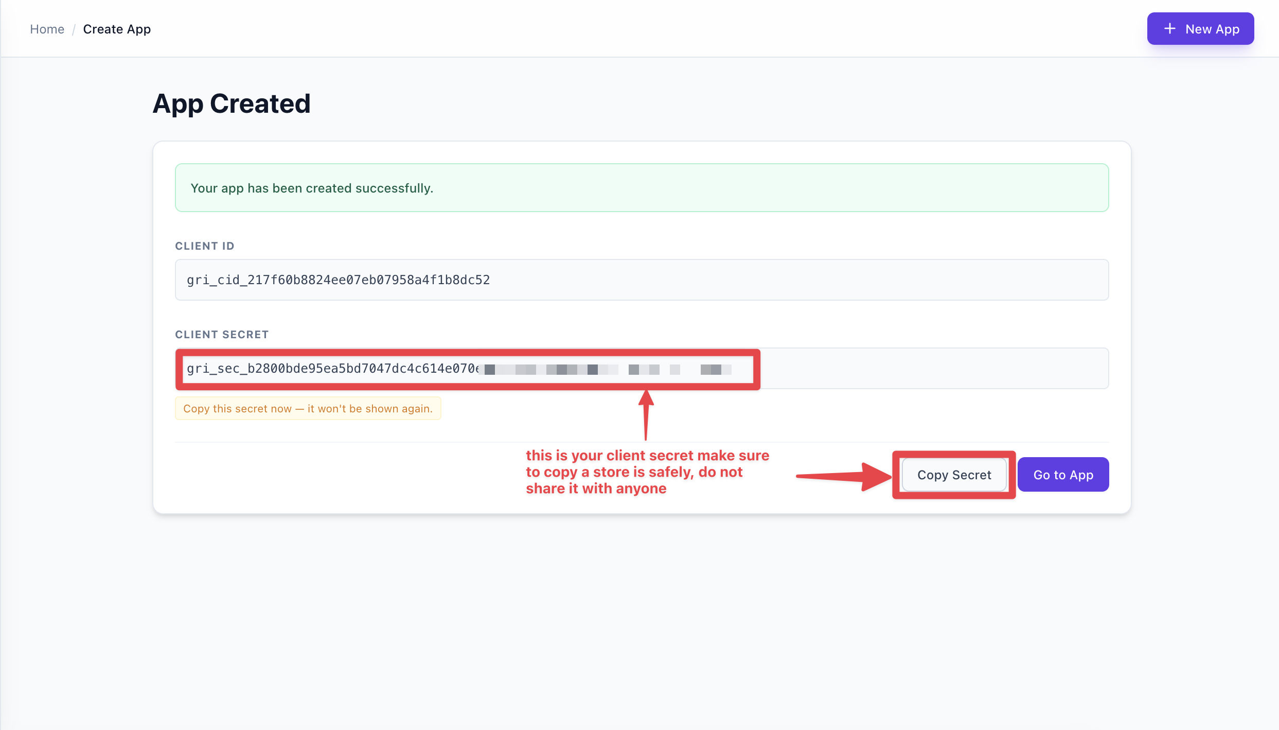 App Created screen — Client ID, Client Secret, Copy Secret and Go to App