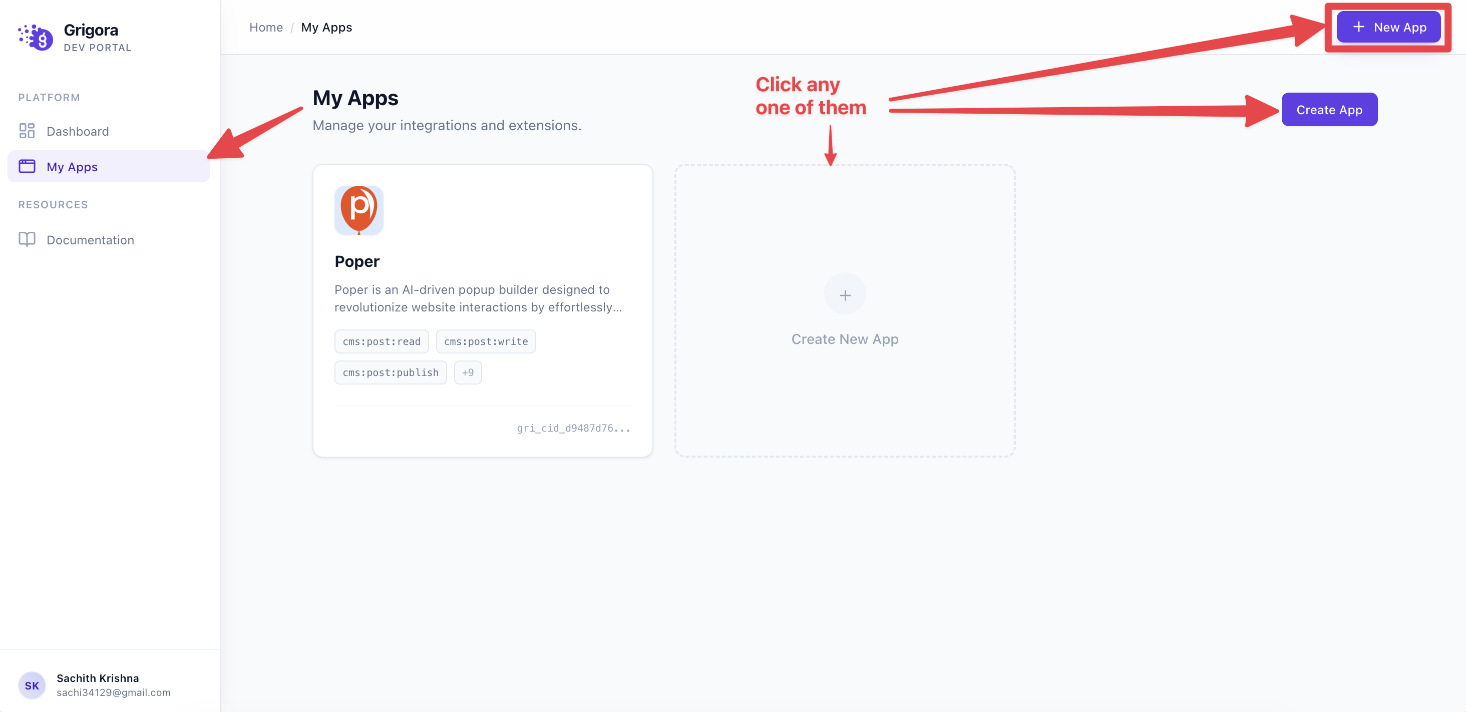 Where to create an app — Create App button and Create New App card