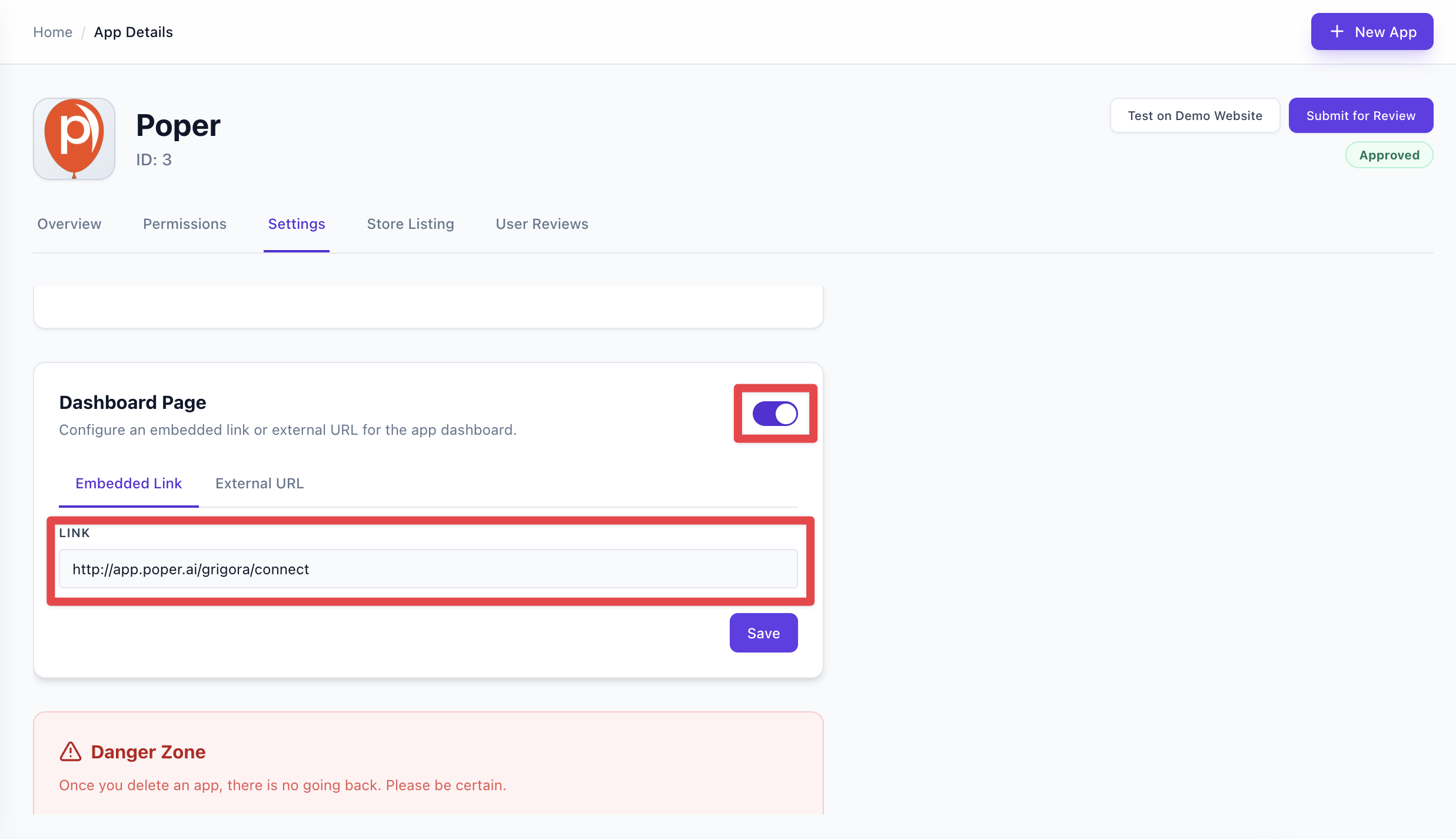 Dashboard Page section in Settings