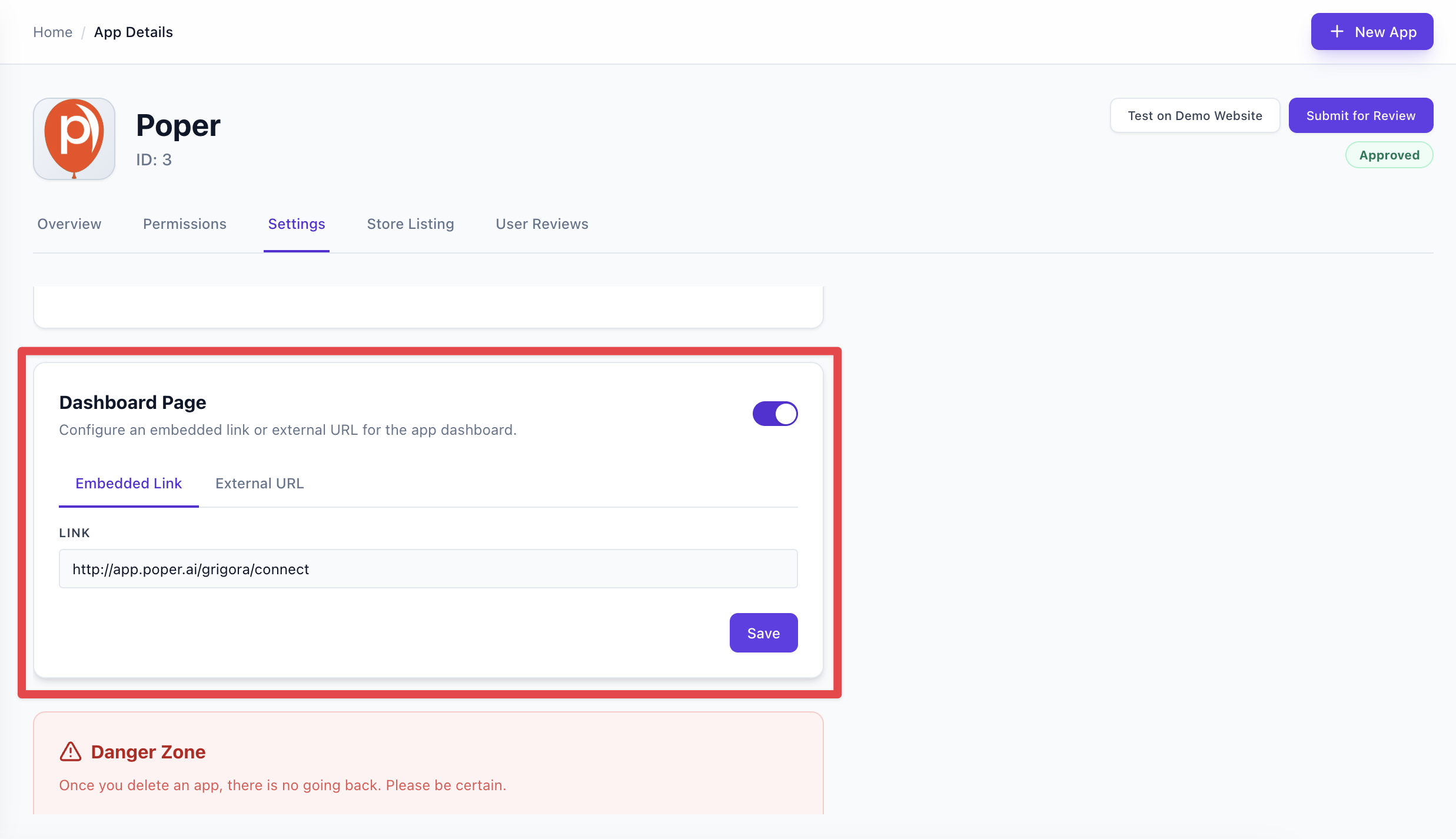 Dashboard setting location in app Settings