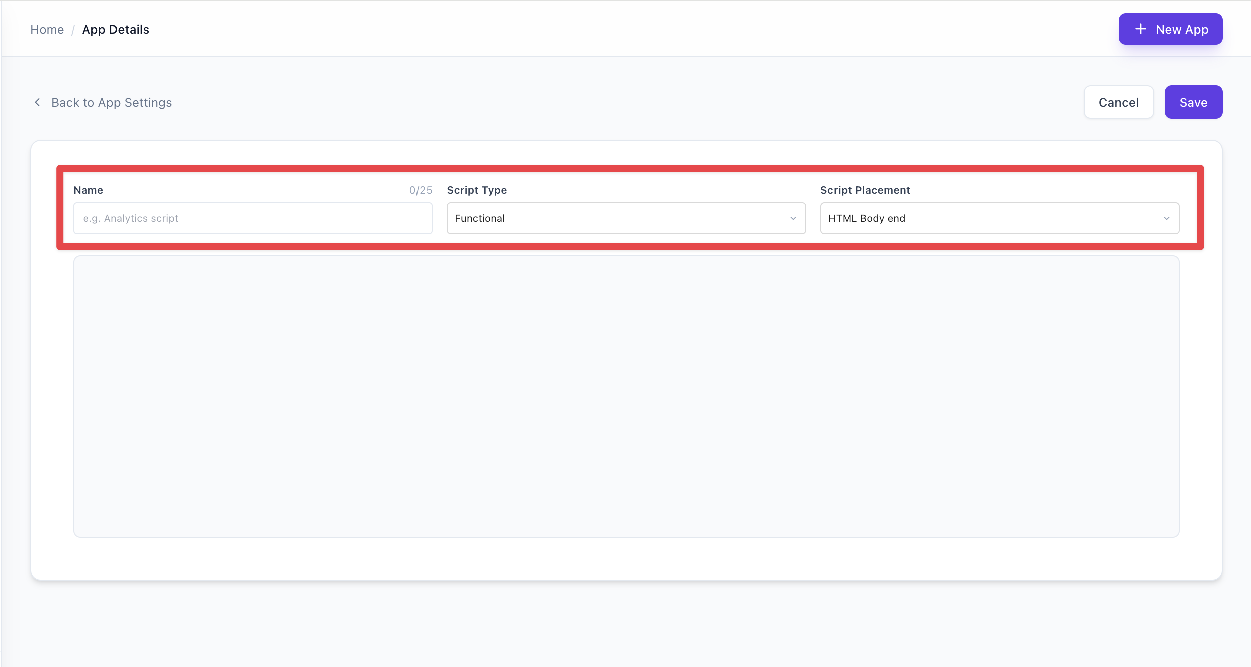 Script form: name, type, placement, and code area