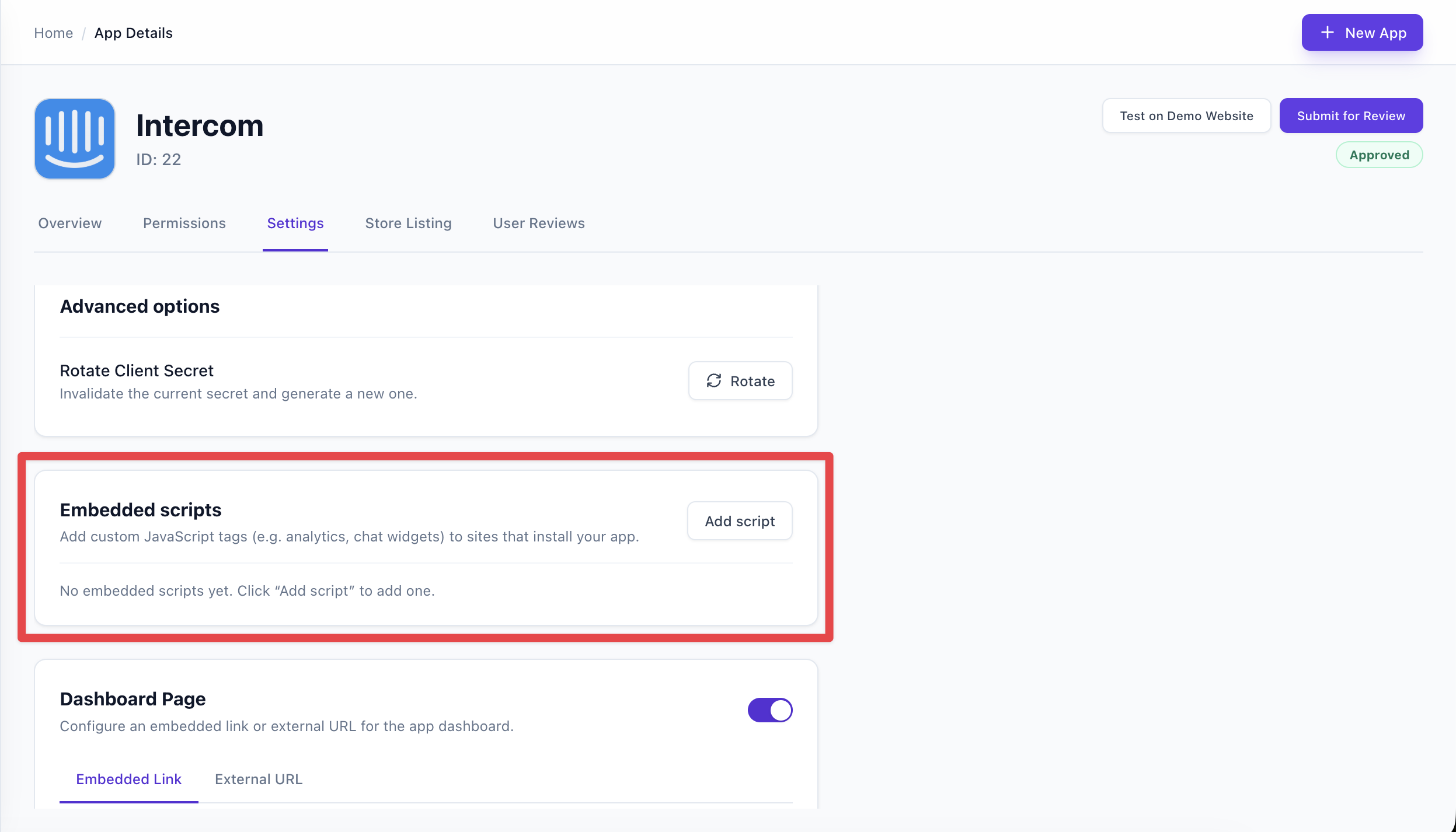 Embedded Scripts section in app Settings