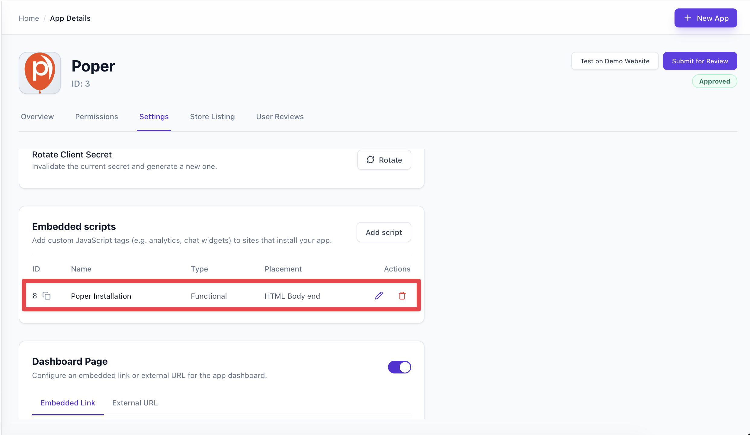 Saved script in Settings with Edit, Delete, and Copy ID