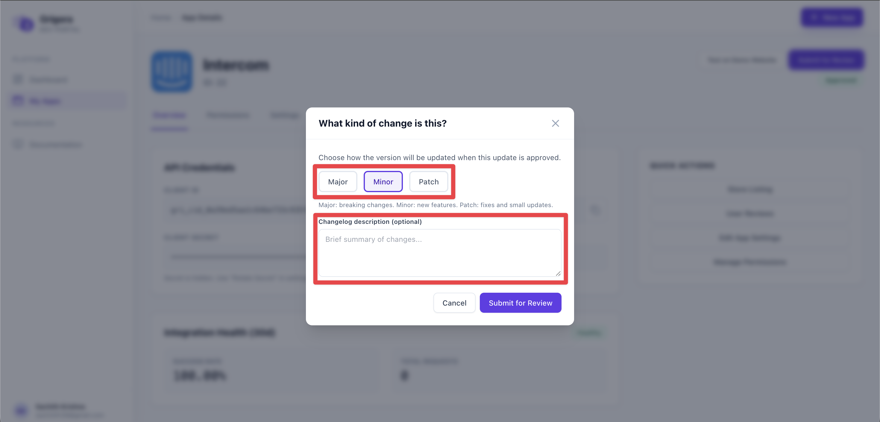 Update modal: change type and changelog description